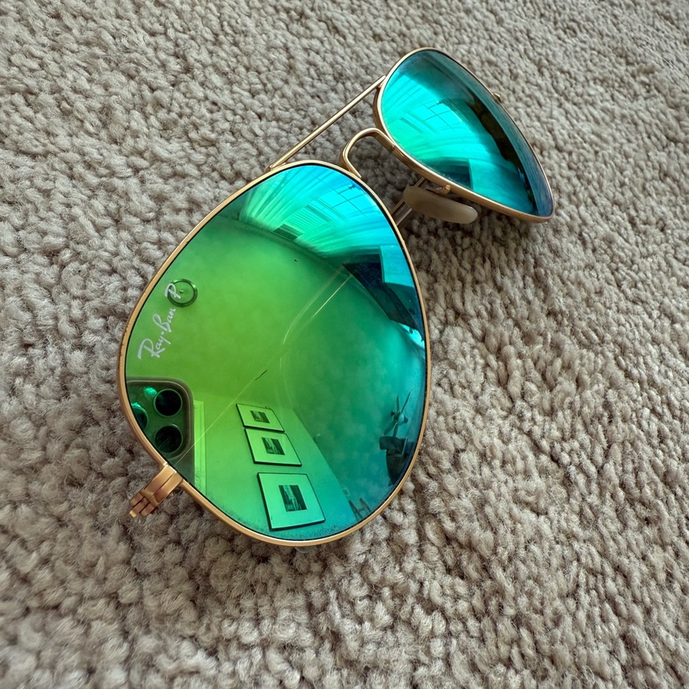 Ray-Ban Gold Frame Sunglasses with Blue-Green Lenses